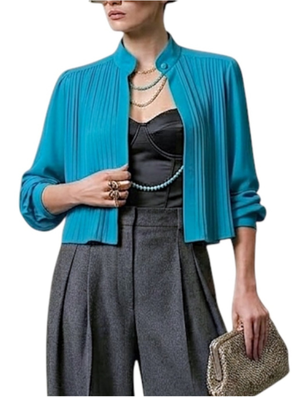 Vintage 80s cropped chiffon plisse boxy deep turquoise blue retro blouse jacket